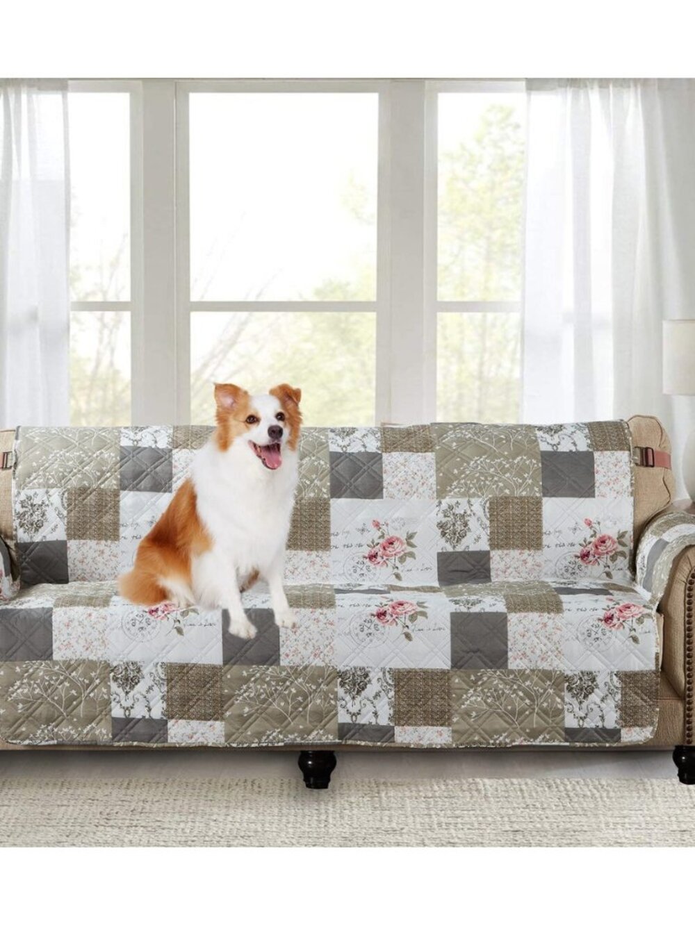 Pink Rose & Grey Toile Patchwork Couch Sofa Slip Cover